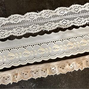 Vintage ecru scalloped embroidered ruffled & flat eyelet fabric trims + lace